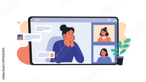 Group of three women conducting an online video meeting on a laptop screen, representing remote communication, collaboration, and digital connectivity.