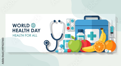 World Health Day: Health For All - Medical Equipment, Fruits, and Medicine Concept