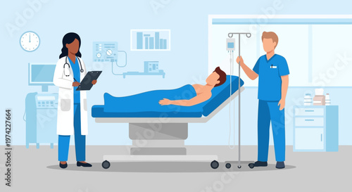 Doctor and nurse caring for patient in hospital room with medical equipment