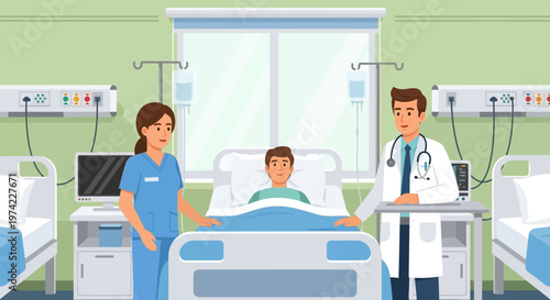 Doctor and nurse caring for patient in hospital room with medical equipment