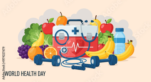 World Health Day: Healthy Lifestyle, Fitness, Fruits, Vegetables, First Aid Kit, Stethoscope