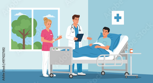 Doctor and nurse caring for patient in hospital room with window view