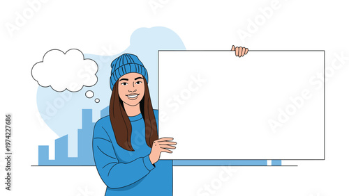 Young woman in a beanie and blue sweatshirt holding a large blank white placard with a thought bubble above her head for custom messages.