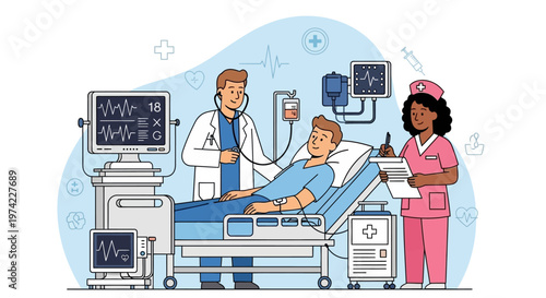 Doctor and nurse caring for patient in hospital room with medical equipment