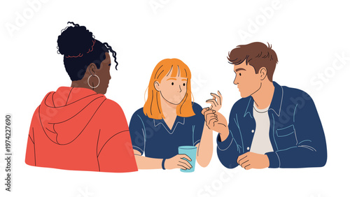 Group of three diverse friends including two women and one man sitting and talking together in a relaxed and casual social setting at a cafe.