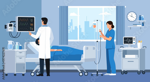 Doctor and nurse caring for patient in hospital room with medical equipment