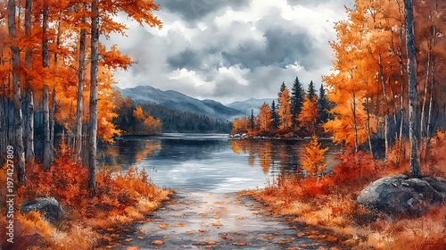 Autumn lake path painting