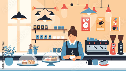 Professional female barista preparing a hot cup of coffee in a modern, stylish cafe interior with various machines and fresh pastries on display.