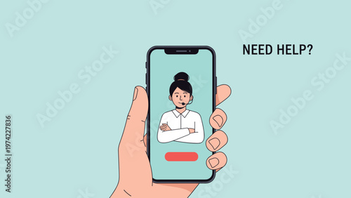 Human hand holding a smartphone displaying a friendly female customer service representative with a headset and the text asking for help.