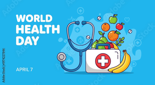 World Health Day April 7 Stethoscope Medical Kit Fruits Health Care Concept
