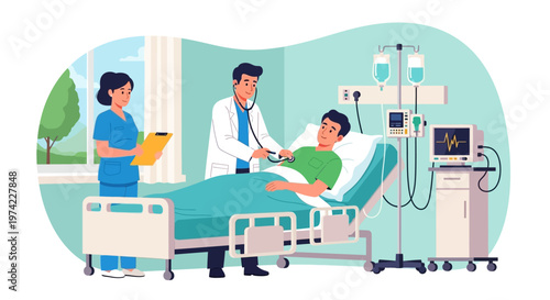 Doctor and nurse examining patient in hospital room with medical equipment