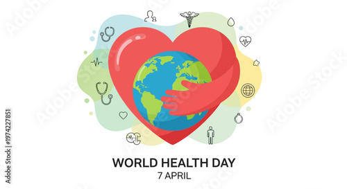World Health Day: Heart Hugs Earth, Global Health Awareness, Medical Symbols Background