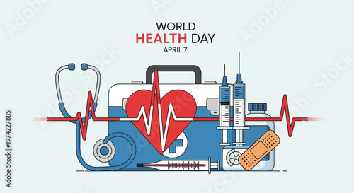 World Health Day April 7th, Medical Equipment, Heartbeat, Stethoscope, Syringes, Thermometer