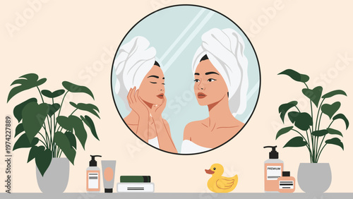 Young woman admiring herself in a round bathroom mirror after a shower, surrounded by indoor plants and various skincare and beauty products.