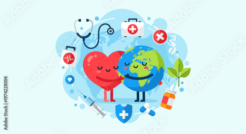 Heart Hugging Earth with Medical Icons, World Health Day Concept