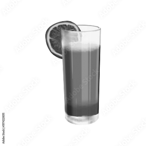 Tall glass of citrus drink with orange slice in monochrome halftone style, minimal refreshing beverage illustration isolated on light background.