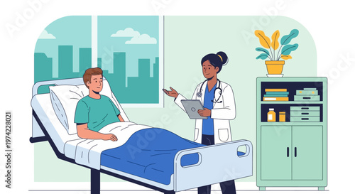 Doctor consulting patient in hospital room, medical care and treatment concept