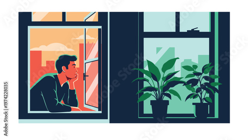 Comparison showing a young man looking out a window at a warm city sunset and a view of green houseplants on a windowsill in the shade.