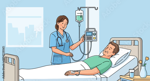 Nurse Adjusts IV Drip for Patient in Hospital Bed, Medical Care and Treatment