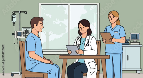 Doctor consulting patient with nurse taking notes in medical office