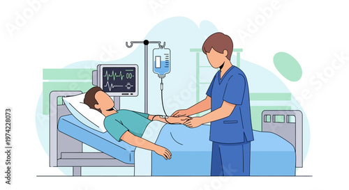 Nurse Administering IV Drip to Patient in Hospital Bed with Vital Signs Monitor