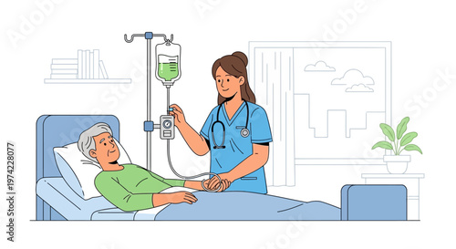 Nurse Administering IV Drip to Elderly Patient in Hospital Bed