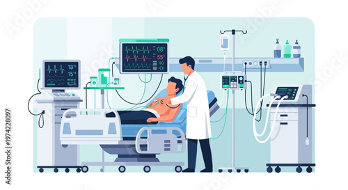 Doctor examining patient in intensive care unit with medical equipment