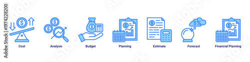 Cost Strategy web banner icon vector illustration with icons of Cost,Analysis,Budget,Planning,Estimate,Forecast and Financial Planning