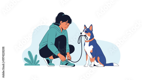 Active young woman crouching to tie her sneaker while her faithful dog sits patiently beside her with the leash held in its mouth.