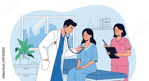 Doctor examining patient with stethoscope in clinic, nurse taking notes, medical checkup