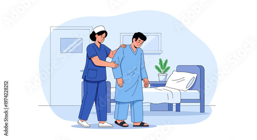 Nurse assisting patient to walk in hospital room, rehabilitation and care concept