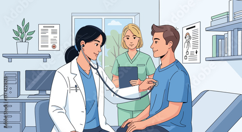 Doctor examining patient with stethoscope, nurse assisting, medical check-up in clinic