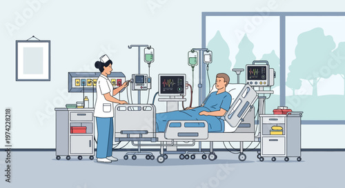Nurse Attends Patient in Modern Hospital ICU Bed with Medical Equipment