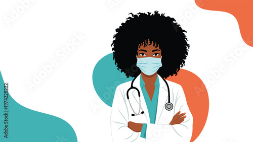 Confident female doctor of African heritage wearing a white lab coat, stethoscope, and blue surgical mask, standing with her arms crossed.