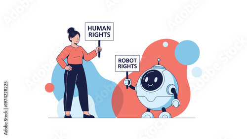 Woman and a small robot standing together holding signs for human rights and robot rights, symbolizing social activism and future ethics.