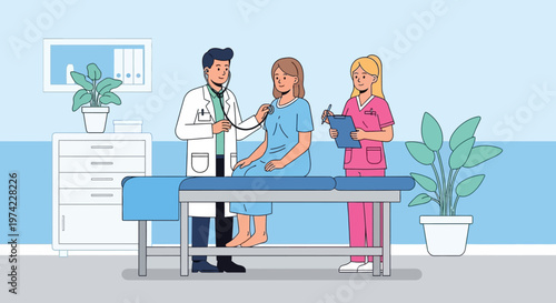 Doctor examining pregnant woman with nurse in clinic, medical check-up, healthcare concept