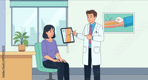 Doctor explains knee injury to patient on tablet in clinic, medical consultation