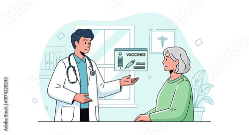 Doctor Explains Vaccination To Elderly Patient In Clinic