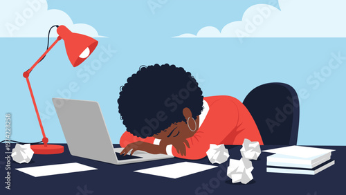 Overworked young woman with an afro resting her head on her desk next to a laptop and crumpled papers, showing burnout and exhaustion.