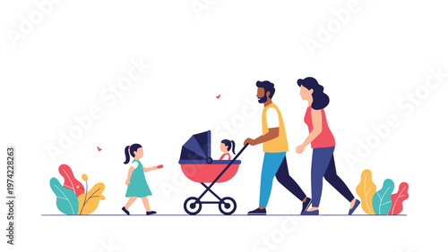 Happy young family of four with two small children enjoying a pleasant walk together in a beautiful city park with colorful plants.