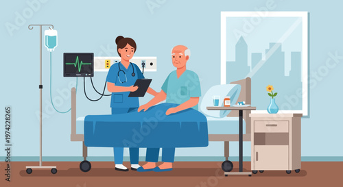 Nurse caring for elderly patient in hospital room with medical equipment