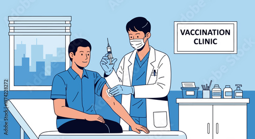 Doctor giving vaccination injection to patient in clinic, healthcare concept