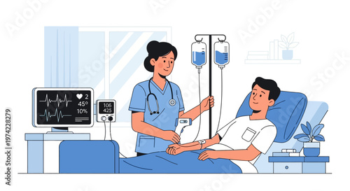 Nurse Caring for Patient in Hospital Bed with IV Drip and Monitor