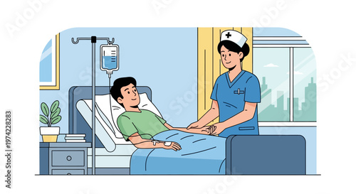 Nurse caring for patient in hospital bed with IV drip, medical care and support