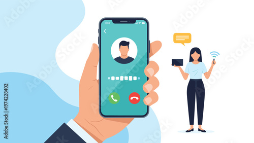 Human hand holding a smartphone with an incoming call screen showing a contact photo, while a woman uses other devices in the background.