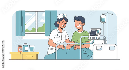 Nurse caring for patient in hospital room, medical equipment, healthcare concept