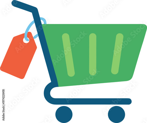 A green shopping cart with an orange tag on a blue frame