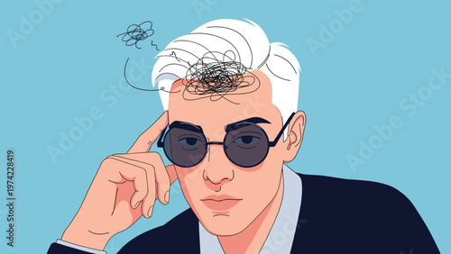 Young man with white hair and sunglasses looking stressed and confused, represented by a chaotic scribble above his head for mental health themes.