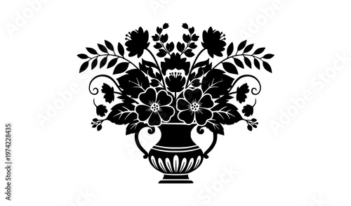 Black silhouette decorative flower vase with floral bouquet ornamental vector illustration