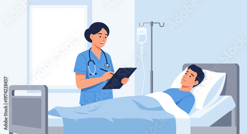 Nurse checking on patient in hospital bed, medical care and treatment concept